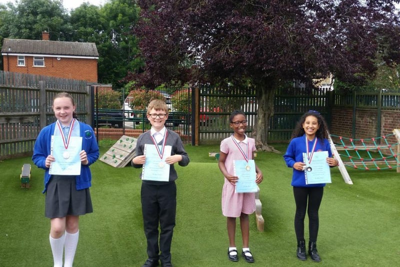 From left: Lily (runner-up, Wilden VA Primary School), George (winner, Brickhill Primary School), Effieh (winner, Scott Primary School) and Marta (runner-up, Priory Primary School)