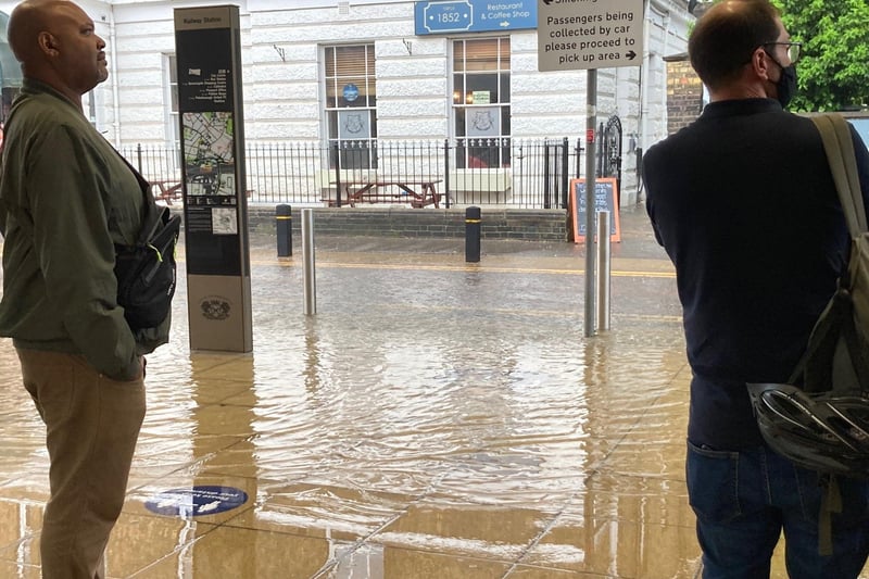 Flooding outside Peterborough train station last month.