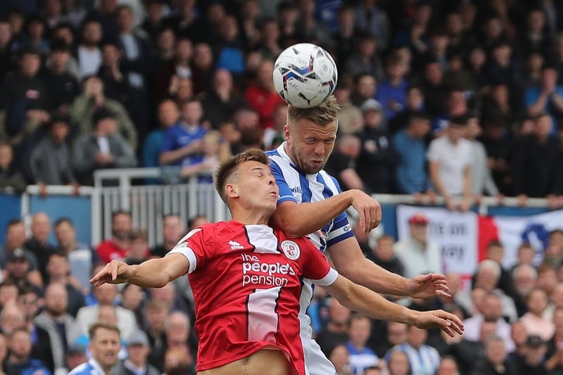 Hartlepool United's Nicky Featherstone contests a header with Jake Hessenthaler