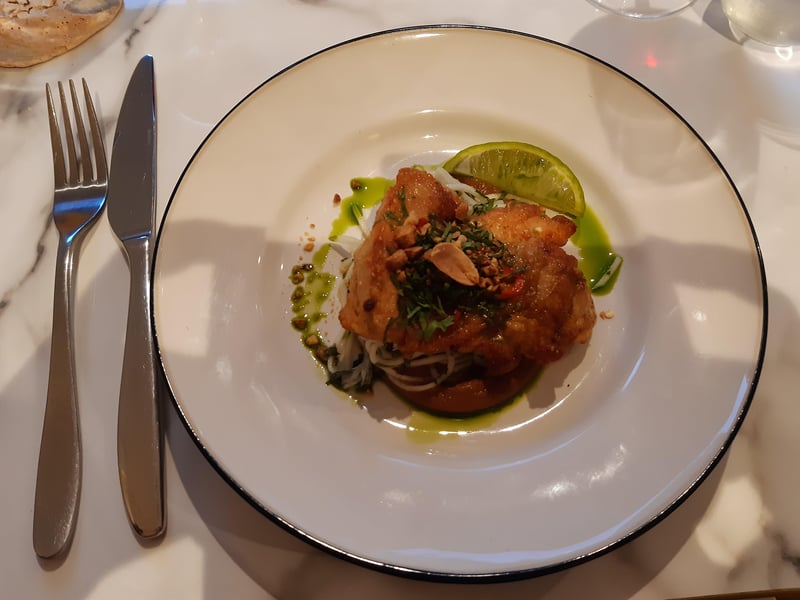 Grilled chicken thigh with spiced peanut and kohirabi