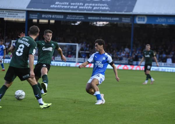 Joel Randall in action for Posh against Plymouth. Photo: David Lowndes.