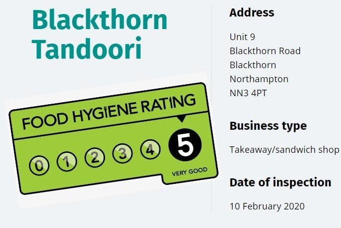 Blackthorn Tandoori; Blackthorn Road NN3 4PT; inspected February 10, 2020