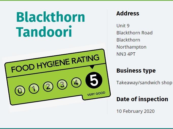 Blackthorn Tandoori; Blackthorn Road NN3 4PT; inspected February 10, 2020