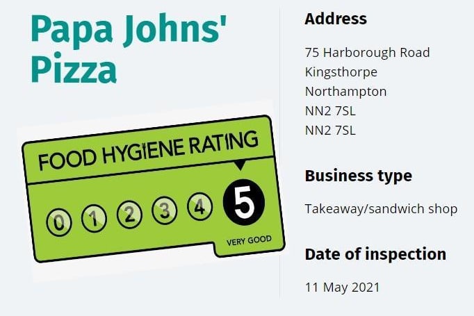 Papa Johns' Pizza; Harborough Road, Kingsthorpe, NN2 7SL; inspected May 11 2021