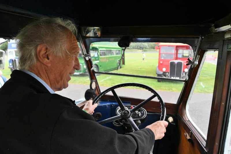 The Buses Festival at the East of England Arena. Roy Miles in the cab of his 1932 Dennis Lancet EMN-210808-164446009