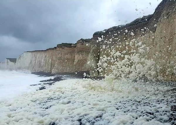 A whirlwind of sea foam on  a very windy day at Birling Gap, taken by Kieron Boyle on aSamsung S7 smartphone SUS-211108-120440001