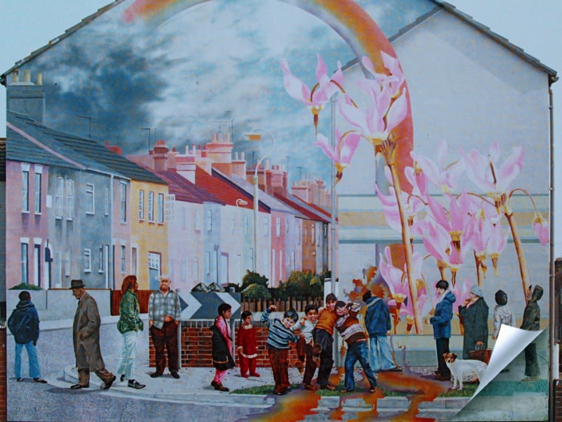The on-going  work taking place to restore the Link Road Mural in Peterborough - an illustration of how it should look when complete.