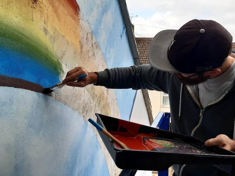 The on-going  work taking place to restore the Link Road Mural in Peterborough