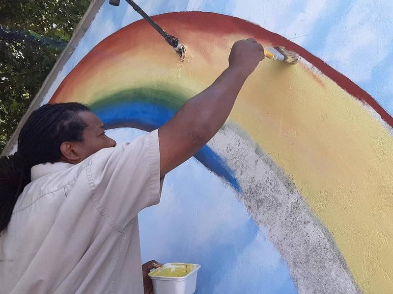 The on-going  work taking place to restore the Link Road Mural in Peterborough