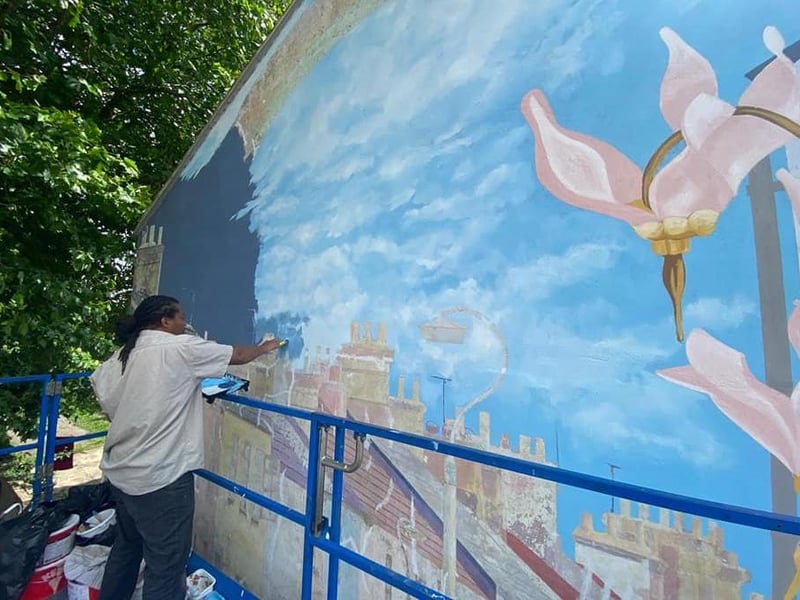 The on-going work taking place to restore the Link Road Mural in Peterborough