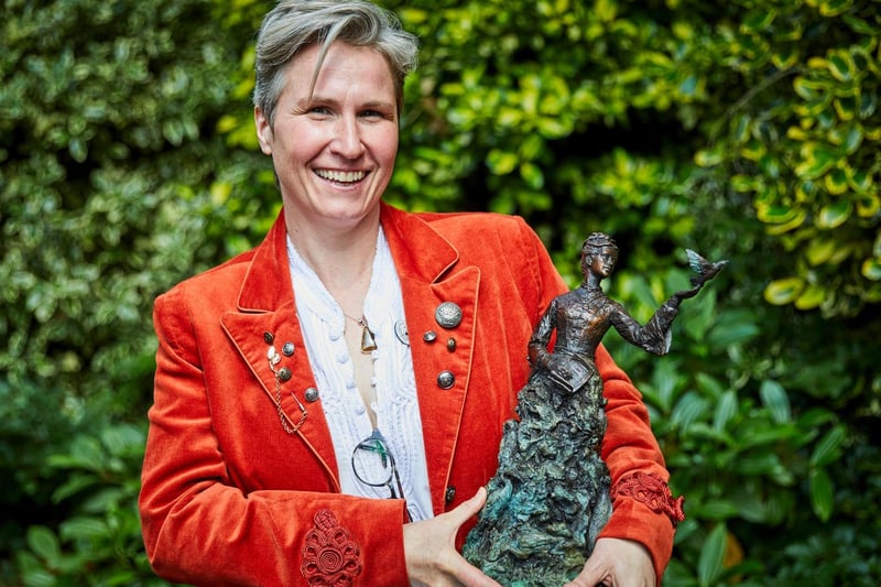 Eve Shepherd has conceived a design that reveals more the closer one gets – with a crinoline dress that is in fact an organic cliff face, a nesting ground home to the birds that Emily campaigned to save. It also has birds that are vulnerable today incorporated into the design; owl, heron, grebe and kingfisher.