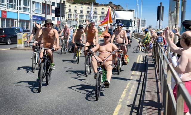 World Naked Bike Ride in Hastings in 2018.  SUS-180406-073136001