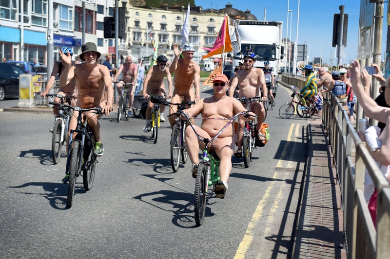 World Naked Bike Ride in Hastings in 2018. SUS-180406-073136001