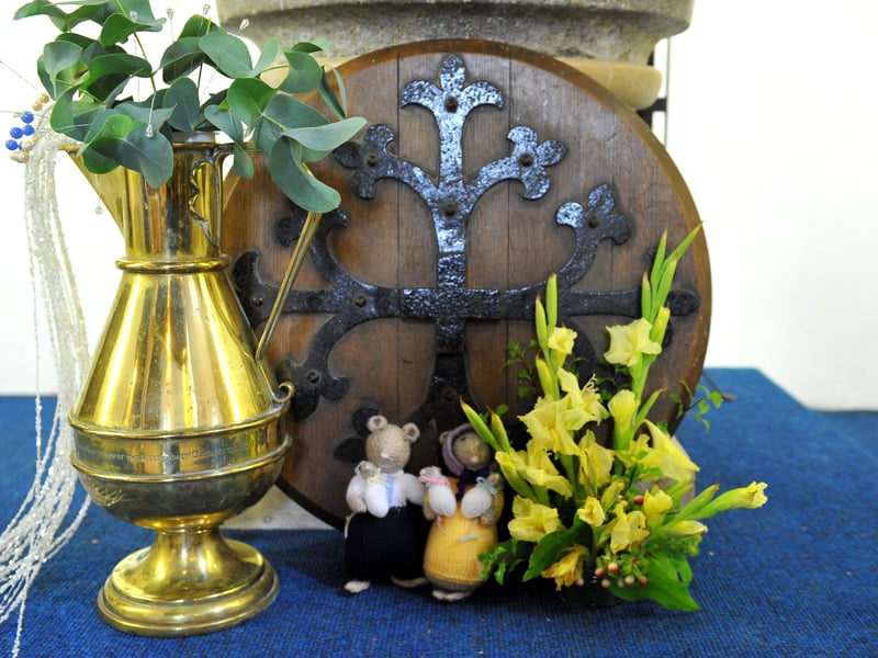 Flower festival displays for the celebration week at St Mary's Church in Sompting, including knitted mice made by verger Jacqui Offord. Picture: Steve Robards SR2108172
