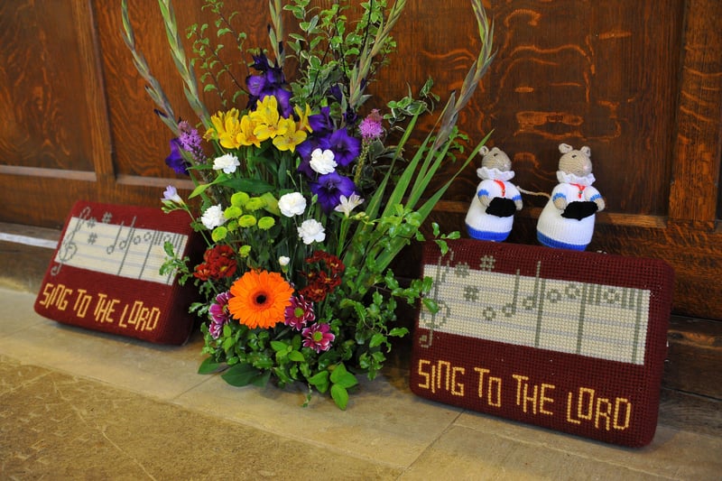 Flower festival displays for the celebration week at St Mary's Church in Sompting, including knitted mice made by verger Jacqui Offord. Picture: Steve Robards SR2108172