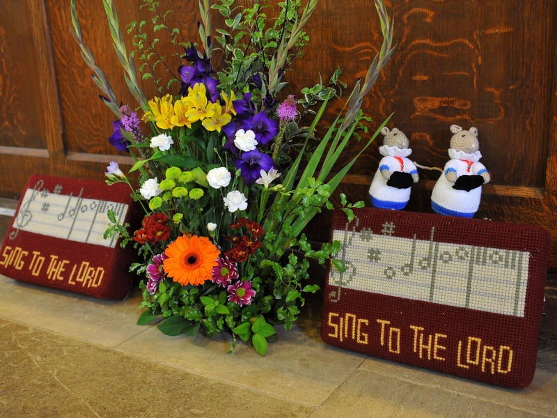 Flower festival displays for the celebration week at St Mary's Church in Sompting, including knitted mice made by verger Jacqui Offord. Picture: Steve Robards SR2108172