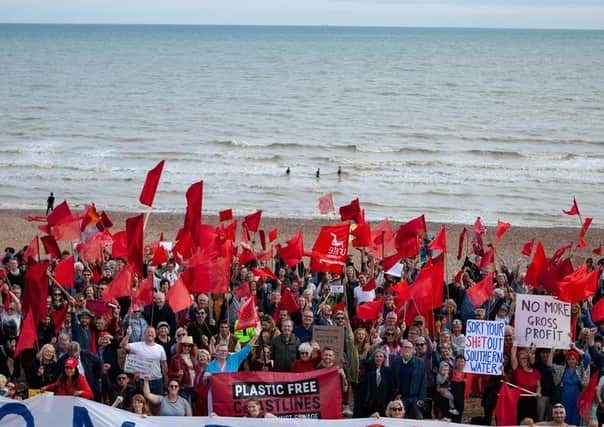 Protest against Southern Water on St Leonards seafront on August 20 following last month's sewage leak in Bulverhythe. Picture by Hastings and St Leonards Clean Water Action SUS-210821-120944001