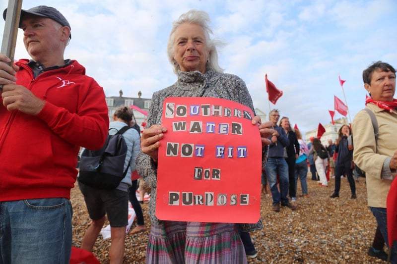 Protest against Southern Water on St Leonards seafront on August 20 following last month's sewage leak in Bulverhythe. Picture by Hastings and St Leonards Clean Water Action SUS-210821-121124001