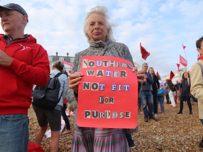 Protest against Southern Water on St Leonards seafront on August 20 following last month's sewage leak in Bulverhythe. Picture by Hastings and St Leonards Clean Water Action SUS-210821-121124001