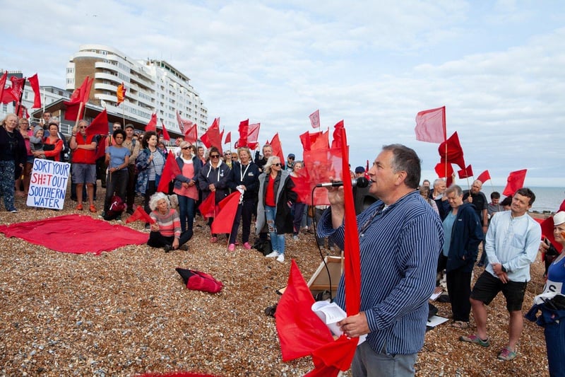 Protest against Southern Water on St Leonards seafront on August 20 following last month's sewage leak in Bulverhythe. Picture by Hastings and St Leonards Clean Water Action SUS-210821-120934001
