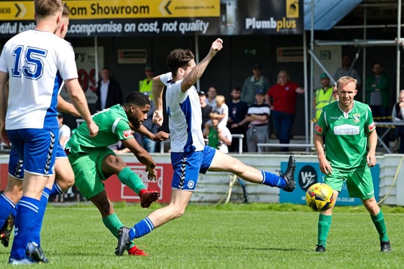 New striker Ezra Anthonio-Forde scoring his first goal for Aylesbury United in their 8-0 FA  Cup win over Brimscombe & Thrupp       Picture by Mike Snell