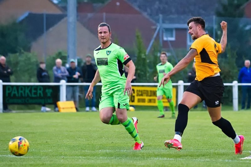 Ty Deacon scores one of hat-trick goals against Kidlington   Picture by Mike Snell