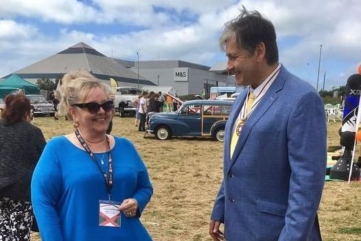 Sharon Blagrove with Simon Corello (Lord Lieutenant of East Sussex) at The Bexhill-On-Sea Festival SUS-210825-122449001