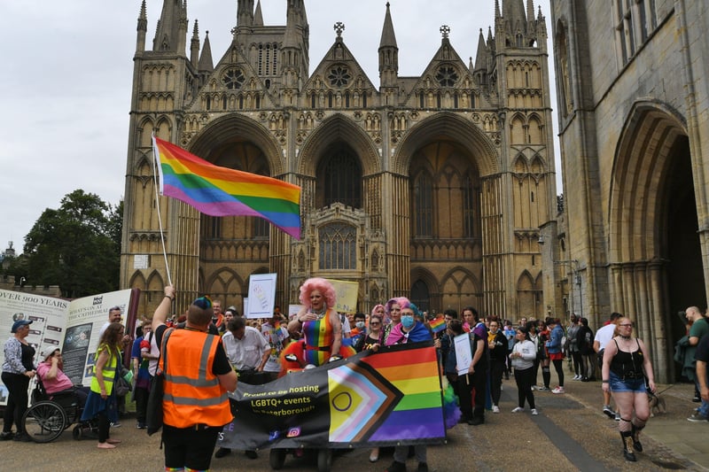 Peterborough's Pride march passed through the cathedral precincts as a wedding was taking place in the cathedral. Pictures: David Lowndes