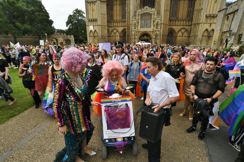 Peterborough's Pride march passed through the cathedral precincts as a wedding was taking place in the cathedral. Pictures: David Lowndes