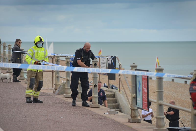 A car has ended up on the beach after crashing through the railings at Marina Car Park, St Leonards. SUS-210826-151034001