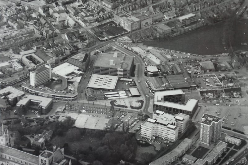Here’s a great view of thecity centre possibly from the 70s. You can see the  market, the passport office, St Mary’s  flats and Hereward centre. The area has seen many change sover the years  with the demoliton of Northminster  multi-storey car park being the latest.