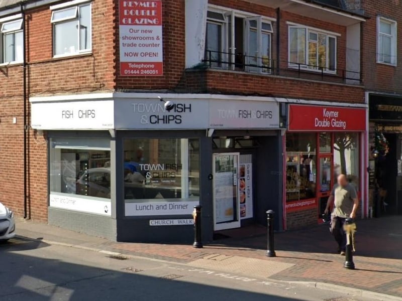 Town Fish & Chips in Church Walk, Burgess Hill, has a rating of 4.5 from 123 Google reviews. One reviewer called it 'a very good place for fish and chips all cooked from fresh'. Picture: Google Street View.