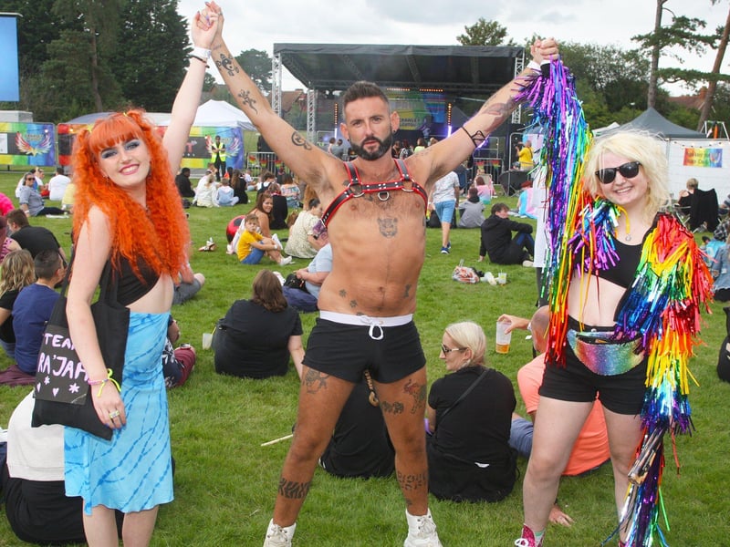 DM21082420a.jpg. Crawley Pride. from Left, Frankie Berreen, Matt Roff and Keira Gillett. Photo by Derek Martin Photography. SUS-210828-195658008