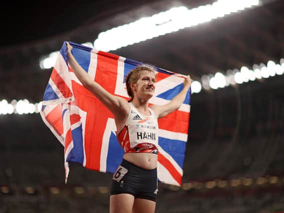 Sophie Hahn of Team Great Britain celebrates after winning gold in the Women’s 100m - T38 Final on day 4 of the Tokyo 2020 Paralympic Games at Olympic Stadium on August 28, 2021 in Tokyo, Japan. (Photo by Naomi Baker/Getty Images)