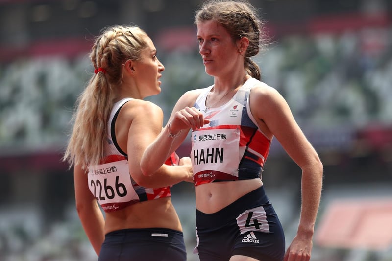 Ali Smith and Sophie Hahn of Team Great Britain competes in Women's 100m - T38 second heat on day 4 of the Tokyo 2020 Paralympic Games at Olympic Stadium on August 28, 2021 in Tokyo, Japan. (Photo by Alex Pantling/Getty Images)