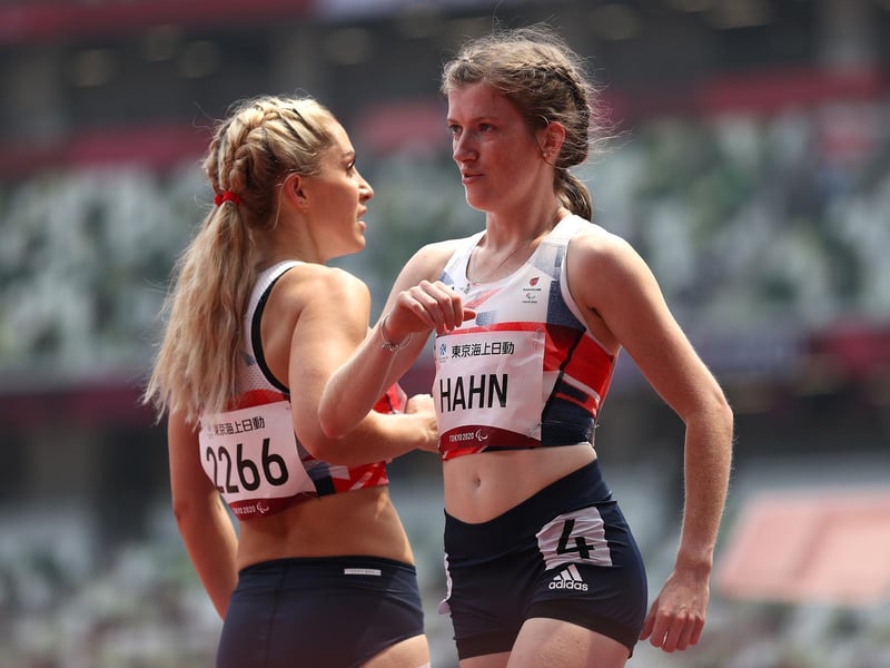 Ali Smith and Sophie Hahn of Team Great Britain competes in Women's 100m - T38 second heat on day 4 of the Tokyo 2020 Paralympic Games at Olympic Stadium on August 28, 2021 in Tokyo, Japan. (Photo by Alex Pantling/Getty Images)