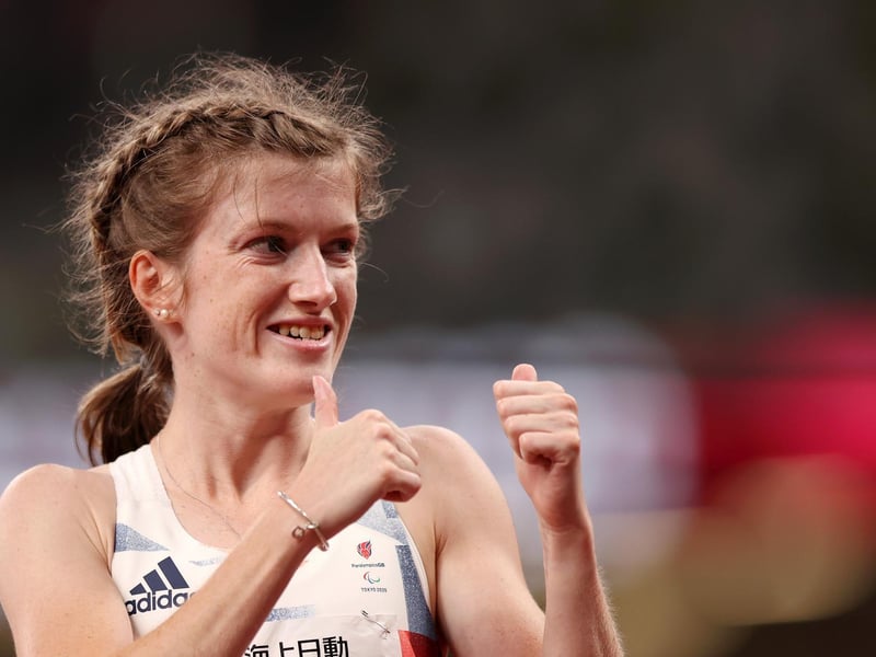Sophie Hahn of Team Great Britain celebrates after winning gold in the Women’s 100m - T38 Final on day 4 of the Tokyo 2020 Paralympic Games at Olympic Stadium on August 28, 2021 in Tokyo, Japan. (Photo by Naomi Baker/Getty Images)