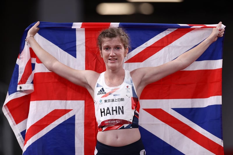 Sophie Hahn of Team Great Britain celebrates after winning gold in the Women’s 100m - T38 Final on day 4 of the Tokyo 2020 Paralympic Games at Olympic Stadium on August 28, 2021 in Tokyo, Japan. (Photo by Dean Mouhtaropoulos/Getty Images)