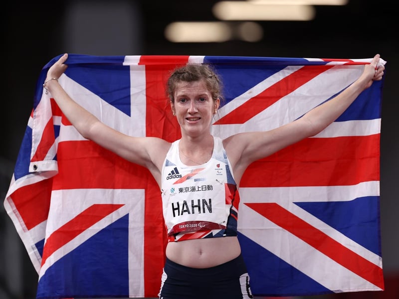 Sophie Hahn of Team Great Britain celebrates after winning gold in the Women’s 100m - T38 Final on day 4 of the Tokyo 2020 Paralympic Games at Olympic Stadium on August 28, 2021 in Tokyo, Japan. (Photo by Dean Mouhtaropoulos/Getty Images)