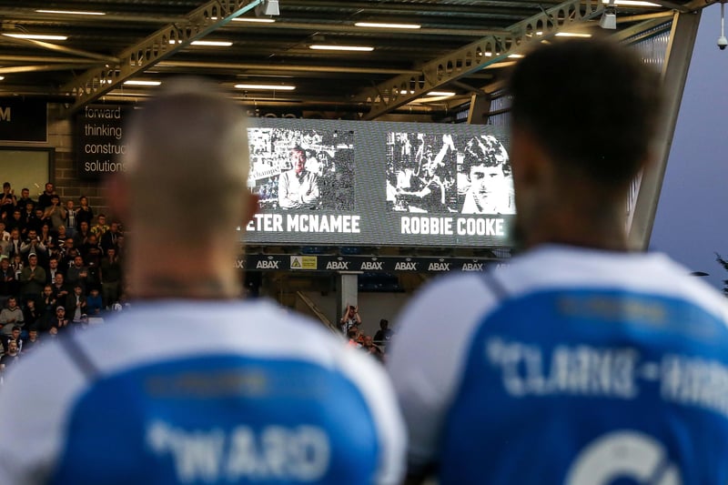 Former Peterborough United players Peter McNamee and Robbie Cooke are shown on screen ahead of kick-off at the recent match between Posh and West Brom.
