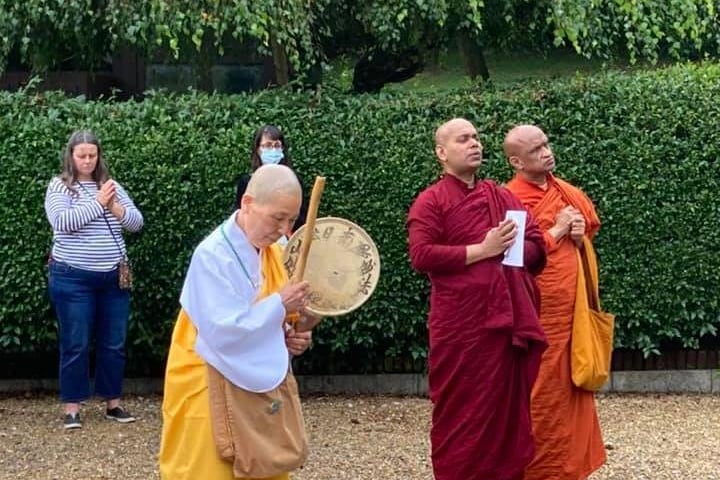 The Peace Pagoda monks are from the Nipponzan Myohoji community, a small Japanese Buddhist order of the Nichiren tradition.