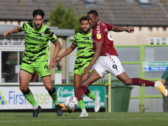 Substitute Nicke Kabamba takes aim with Cobblers' only shot on target. Pictures: Pete Norton.