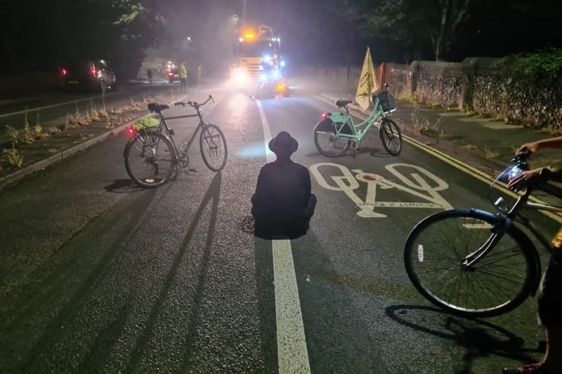The protesters by the cycle lane near Hove Cemetery on Old Shoreham Road