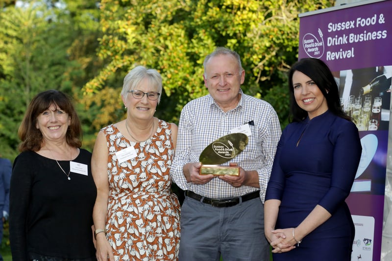 Sussex Farm Shop of the Year 2021 - Rushfields Farm Shop - Hilary Knight sponsor from Sussex Food Network with Pam Langridge, Colin Langridge and Allison Ferns