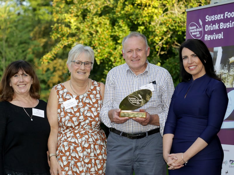 Sussex Farm Shop of the Year 2021 - Rushfields Farm Shop - Hilary Knight sponsor from Sussex Food Network with Pam Langridge, Colin Langridge and Allison Ferns