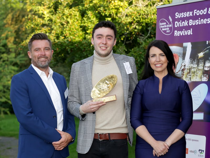 Sussex Young Chef of the Year 2021 Dan Ibbotson (centre), Ben Milford, Blakes Foods (left), Allison Ferns, BBC (right)