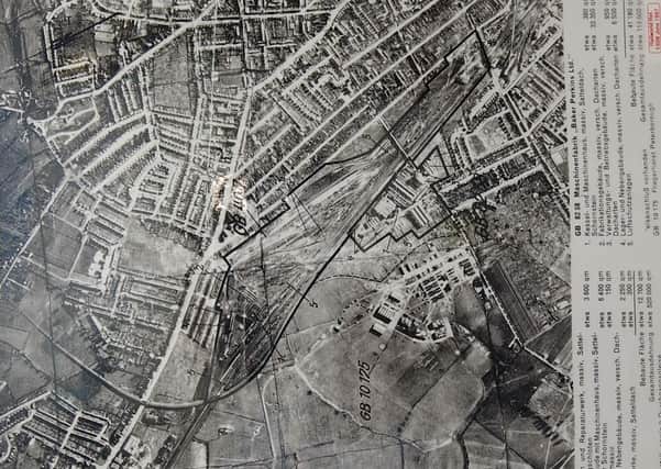 WW2 aerial taken by German plane, of Baker Perkins factory and surrounding railway lines/ marshalling yard in 1941.