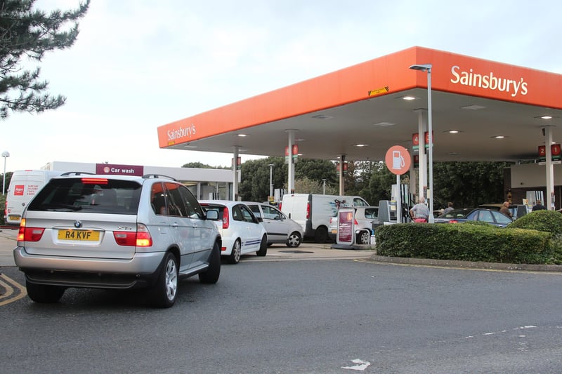 Cars line up to get fuel at Sainsbury's at Lyons Farm, Worthing, after reports of a possible fuel shortage. Picture: Eddie Mitchell