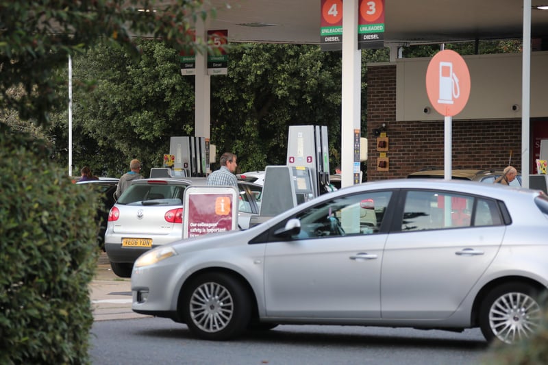 Cars line up to get fuel at Sainsbury's at Lyons Farm, Worthing, after reports of a possible fuel shortage. Picture: Eddie Mitchell