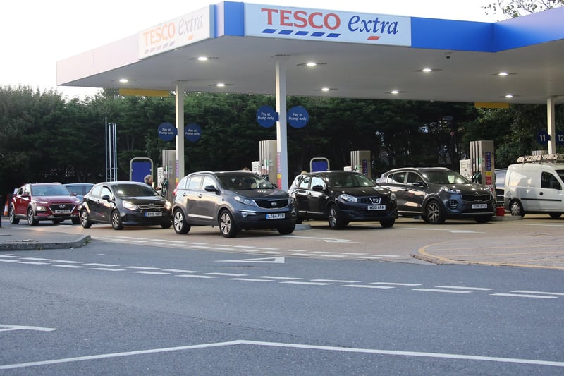 Cars line up to get fuel at Tesco's in Durrington, Worthing, after reports of a possible fuel shortage. Picture: Eddie Mitchell